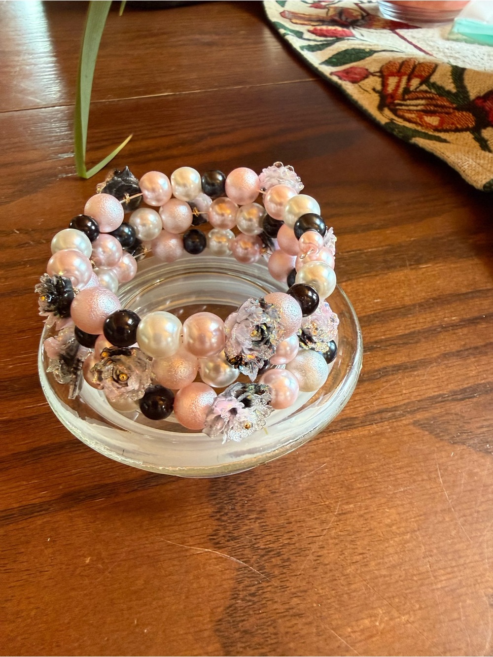 Multi-Strand Pink Pearl & Black Bead & Soft Floral Bracelet